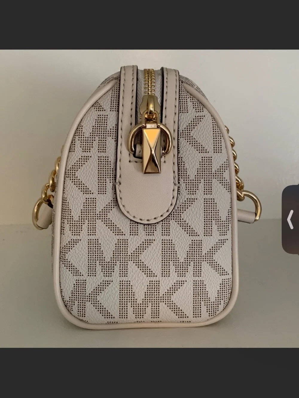 Michael Kors Cream and Beige Logo Satchel with Gold Chain Handles